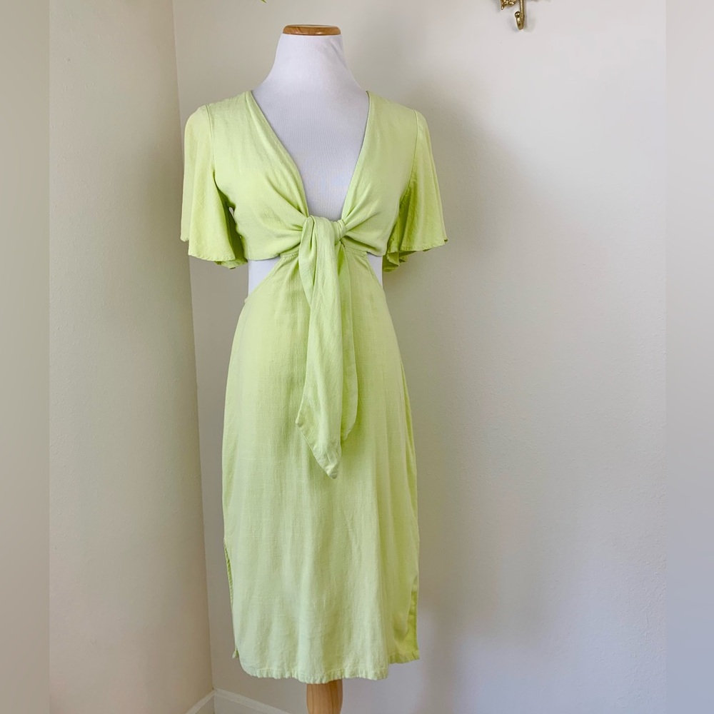 FORE Light Green Linen cut out Tie-Front MIDI Dress